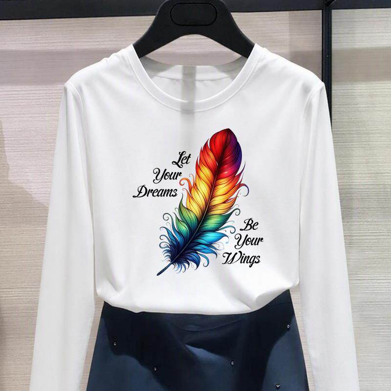 羽毛个性长袖上衣印花外穿打底衫圆领休闲时尚秋冬春季女个性T恤