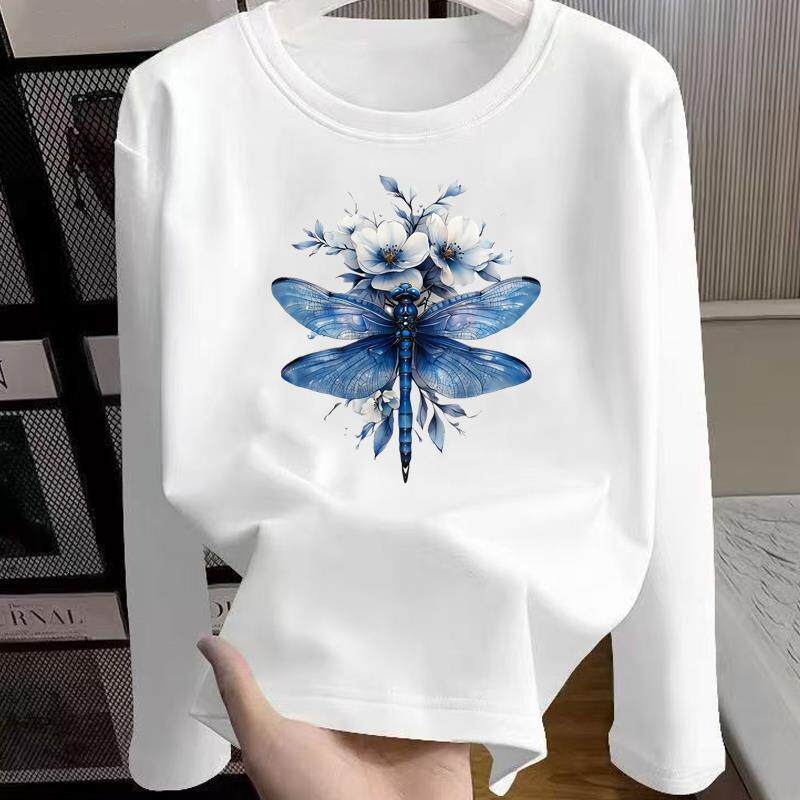 甜美花卉外穿通勤印花上衣圆领休闲秋冬春季打底衫女运动长袖T恤