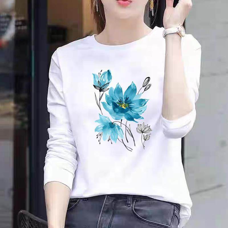 可爱运动花朵上衣花卉女外穿通勤印花圆领休闲秋冬春季长袖T恤