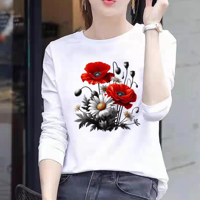 花朵淑女印花上衣圆领打底衫