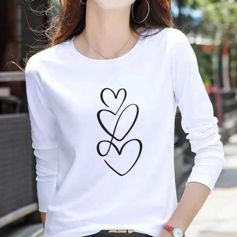 心形卡通可爱通勤印花上衣圆领休闲秋冬春季打底衫女个性长袖T恤
