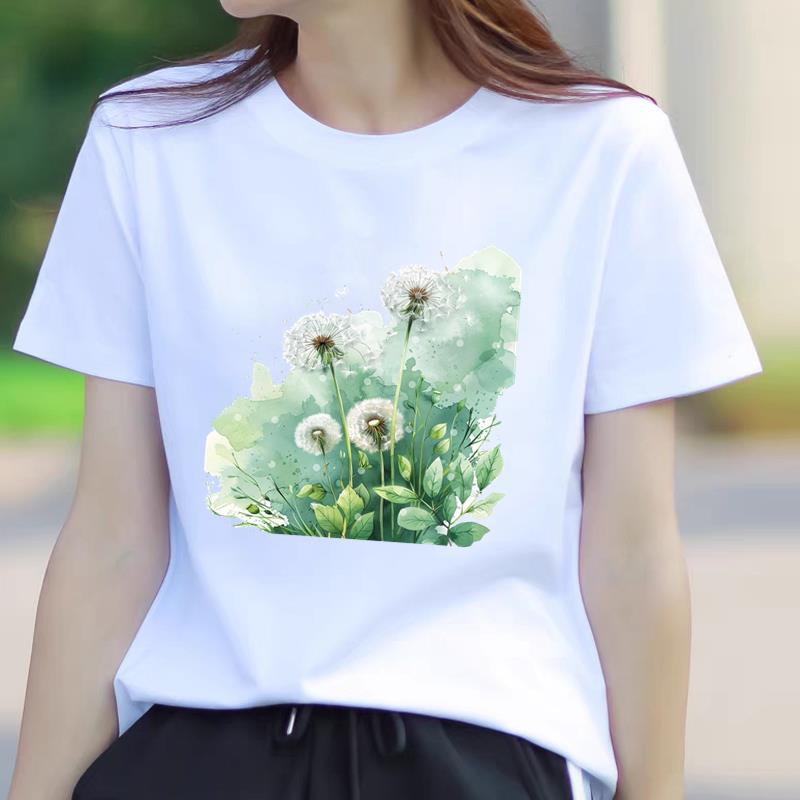 网红爆款女士时尚通勤休闲花朵气质印花ins韩版圆领打底衫短袖T恤