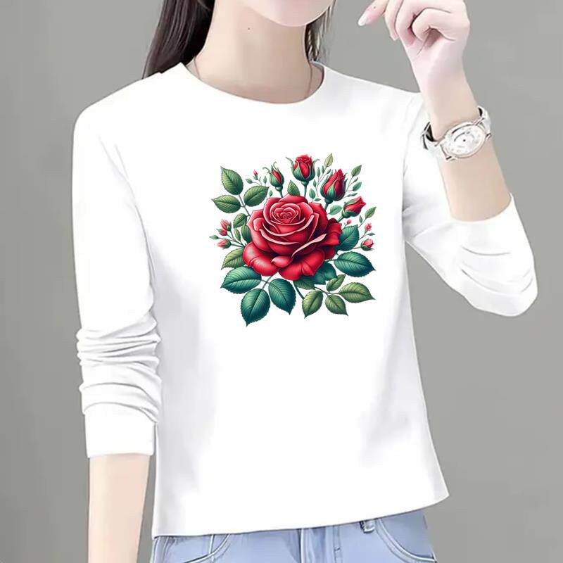 美式花卉圆领打底衫休闲时尚秋冬春季外穿印花长袖上衣女个性T恤