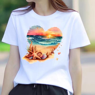 新款外穿夏季印花休闲沙滩度假韩版薄款ins洋气女圆领时尚短袖T恤