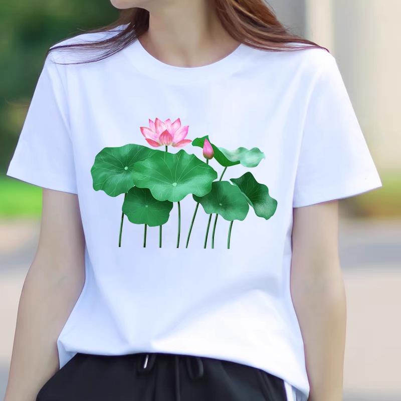 圆领时尚外穿夏季ins洋气女新款印花休闲韩版莲花图案薄款短袖T恤