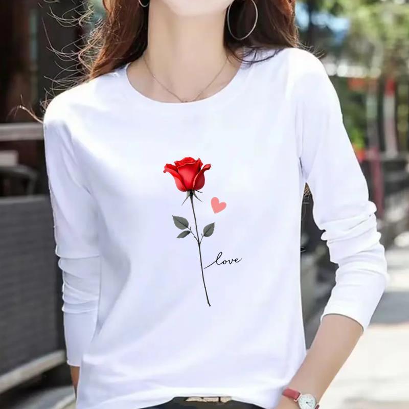 花卉字母百搭印花上衣圆领T恤