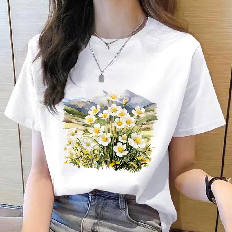 外穿网红通勤新款短袖休闲印花ins花朵收腰洋气女韩版圆领时尚T恤