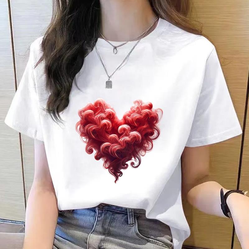 卡通心形休闲印花网红爆款女士时尚通勤ins韩版圆领打底衫短袖T恤