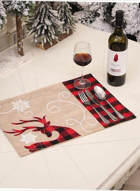 Christmas embroidered elk table mat gingham insulation mat