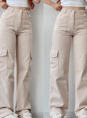 Straight Leg Cargo Pants Women HighWaist Baggy Trousers Lady