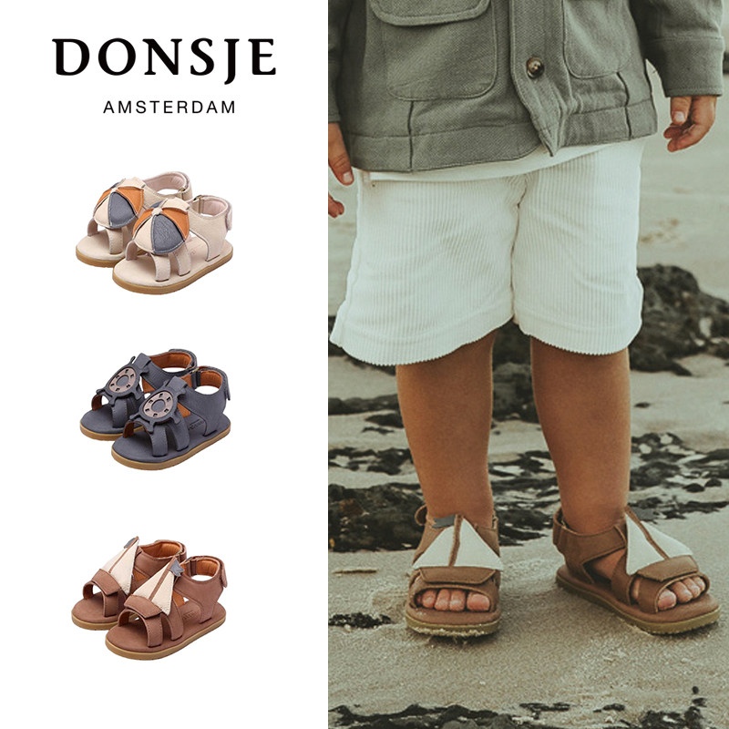 荷兰DONSJE童鞋牛皮软底夏日限定款魔术贴透气海边沙滩罗马凉拖鞋