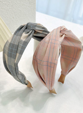 韩版工厂直销发饰K格子布艺宽边头饰发卡女压发头带交叉发捆F784