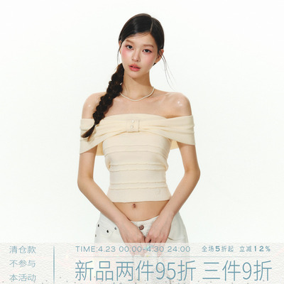 MMMOUND 美式复古设计感一字肩短款短袖t恤女夏季新款上衣