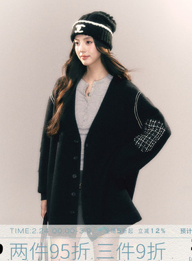 MMMOUND 美式复古黑色针织开衫毛衣外套女春秋新款上衣