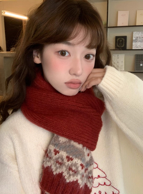 费尔岛新年针织毛线红色围巾女士冬季2025新款韩系氛围感保暖围脖