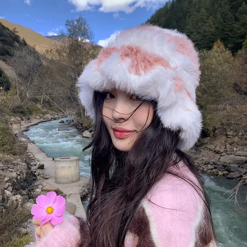 2025新款毛茸茸渔夫帽女秋冬季真兔毛保暖大头围毛绒针织毛线帽子