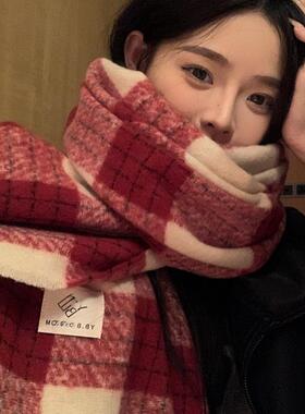 圣诞氛围感红色显白格子围巾女秋冬季韩系百搭围脖保暖学生披肩厚