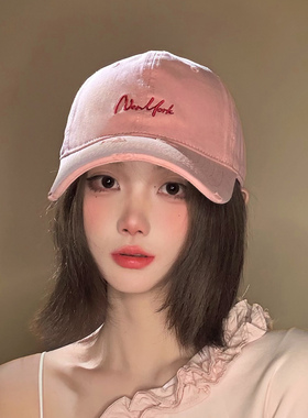 帽子女粉色鸭舌帽大头围宽帽檐大脸显脸小百搭软顶字母刺绣棒球帽