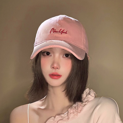 帽子女粉色鸭舌帽大头围宽帽檐大脸显脸小百搭软顶字母刺绣棒球帽