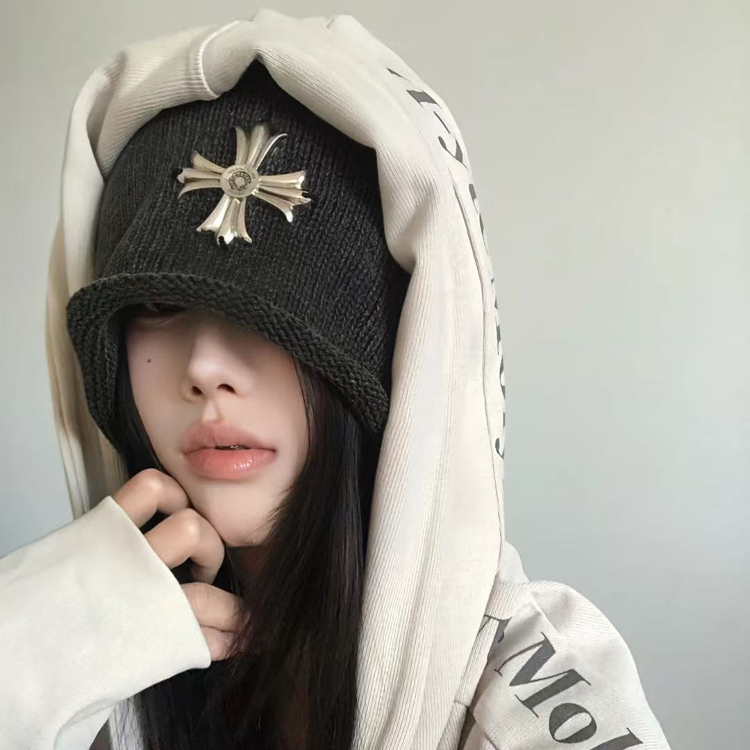 新款韩系复古十字架堆堆冷帽女秋冬大头围显脸小针织保暖包头帽潮