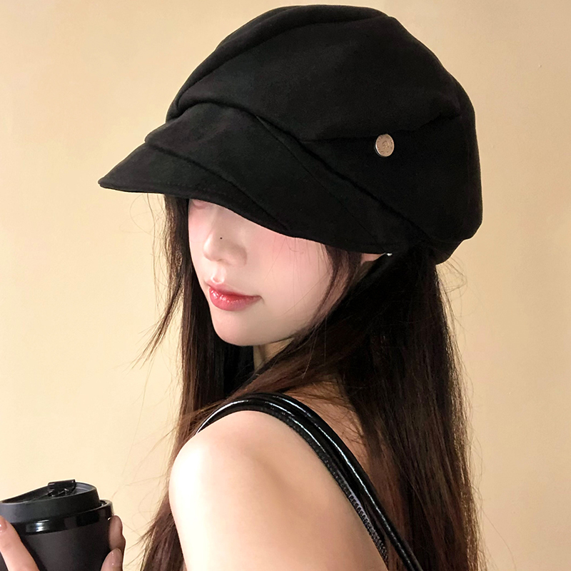 韩系复古褶皱黑色贝雷帽女秋冬季显脸小报童帽大头围八角画家帽子