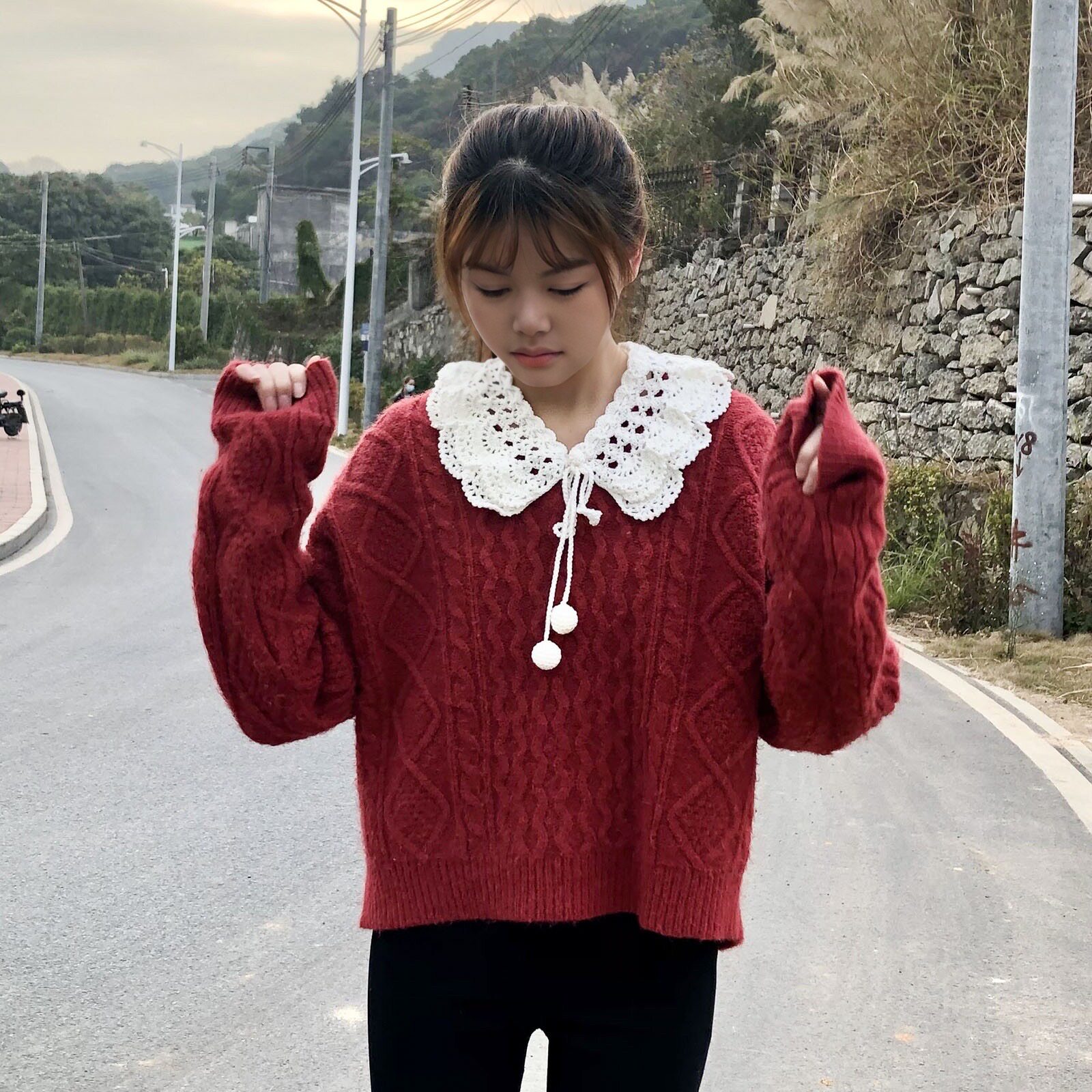 AUTUMN AND WINTER ADULT DOUBLE DOLL COLLAR FAKE COLLAR CHILDRENS VERSATILE FAKE COLLAR KNITTED FAKE NECKLINE LACE GIRL WOOL COLLAR