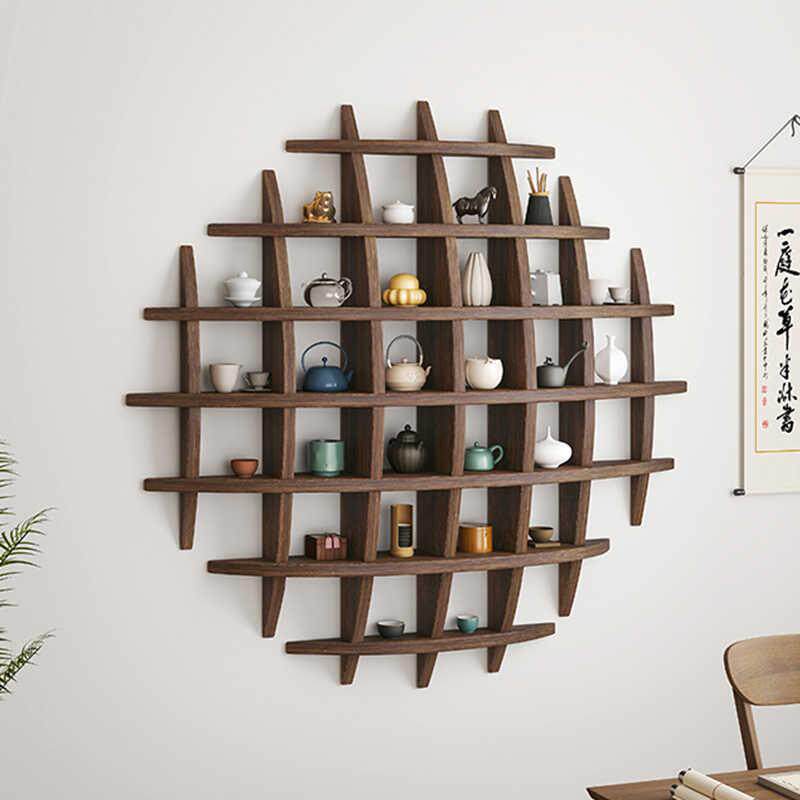 实木茶具杯子茶杯收纳架挂墙茶室置物架多宝阁博古架墙上格子架子