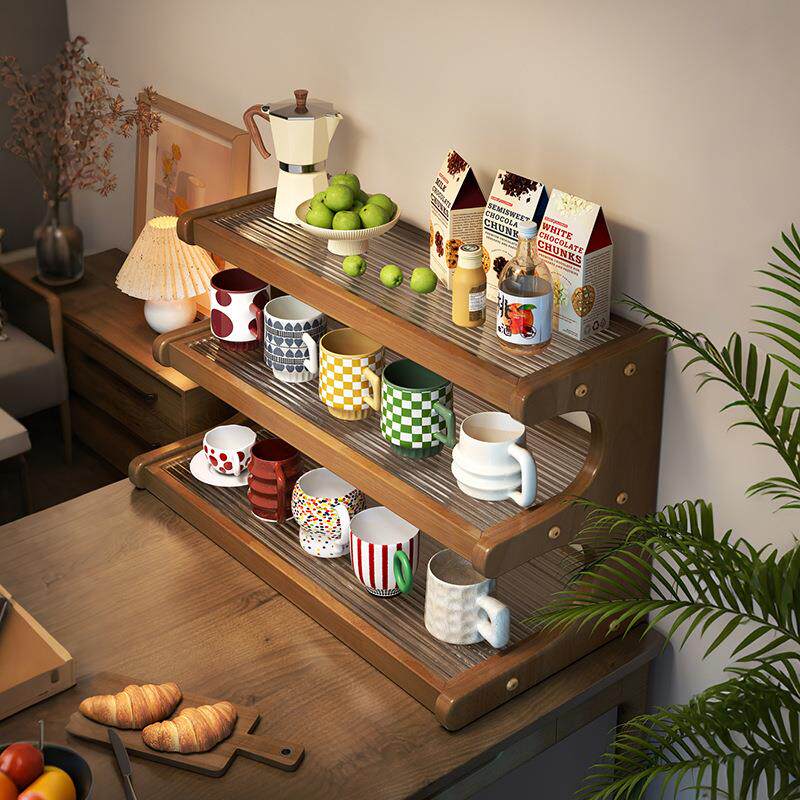 实木亚克力杯架杯子收纳置物架水杯餐边柜咖啡桌面茶杯具黑胡桃色