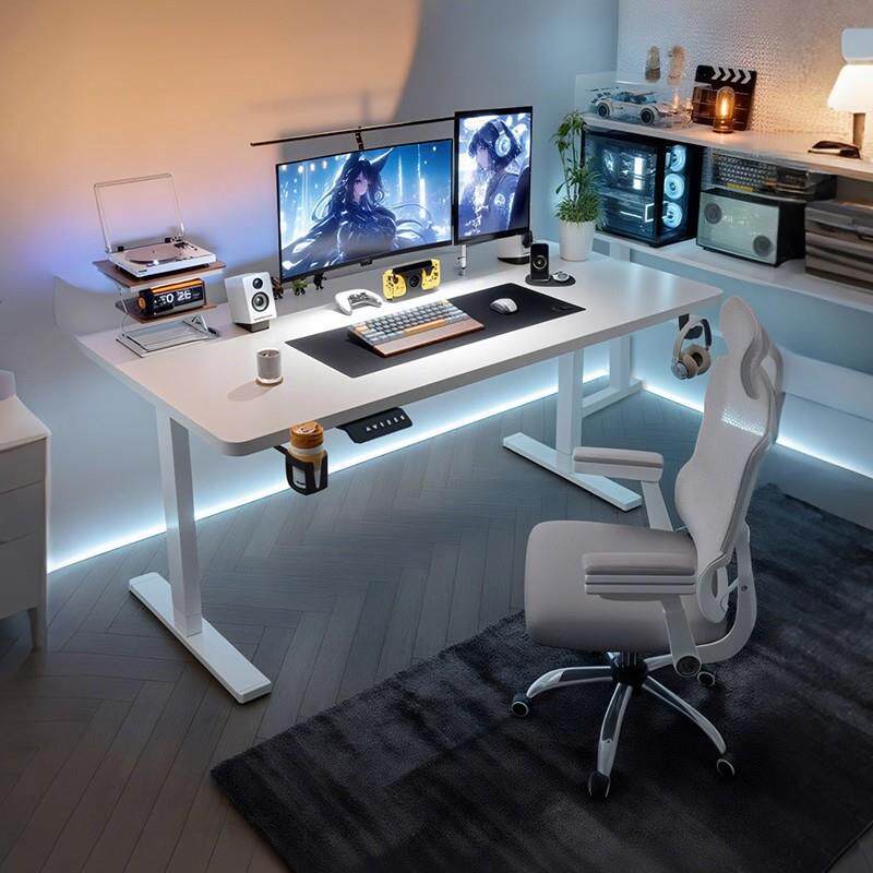 白色电脑桌台式家用电动升降桌卧室电竞桌可移动办公桌简易工作台