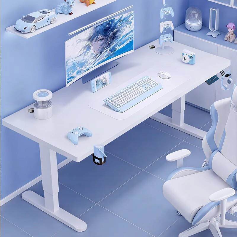 实木电动升降桌白色电竞桌家用电脑桌台式卧室书桌办公桌子工作台