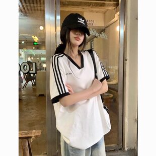 慵懒风半袖 t恤女夏设计感小众宽松休闲 运动上衣 潮牌V领短袖 美式
