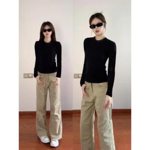 修身 美式 内搭打底衫 t恤女春秋冬季 显瘦辣妹上衣 覆古黑色正肩长袖