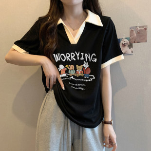 法式 夏短袖 微胖妹妹遮肚显瘦别致POLO领V藏肉上 女装 正肩T恤大尺码