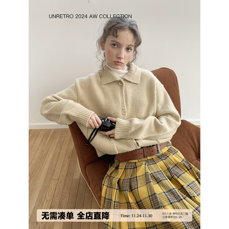 UNRETRO法式复古翻领开衫毛衣