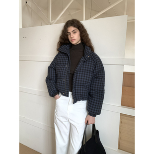 UNRETRO 90白鸭绒复古立领短款格子羽绒服女冬季小个子保暖面包服