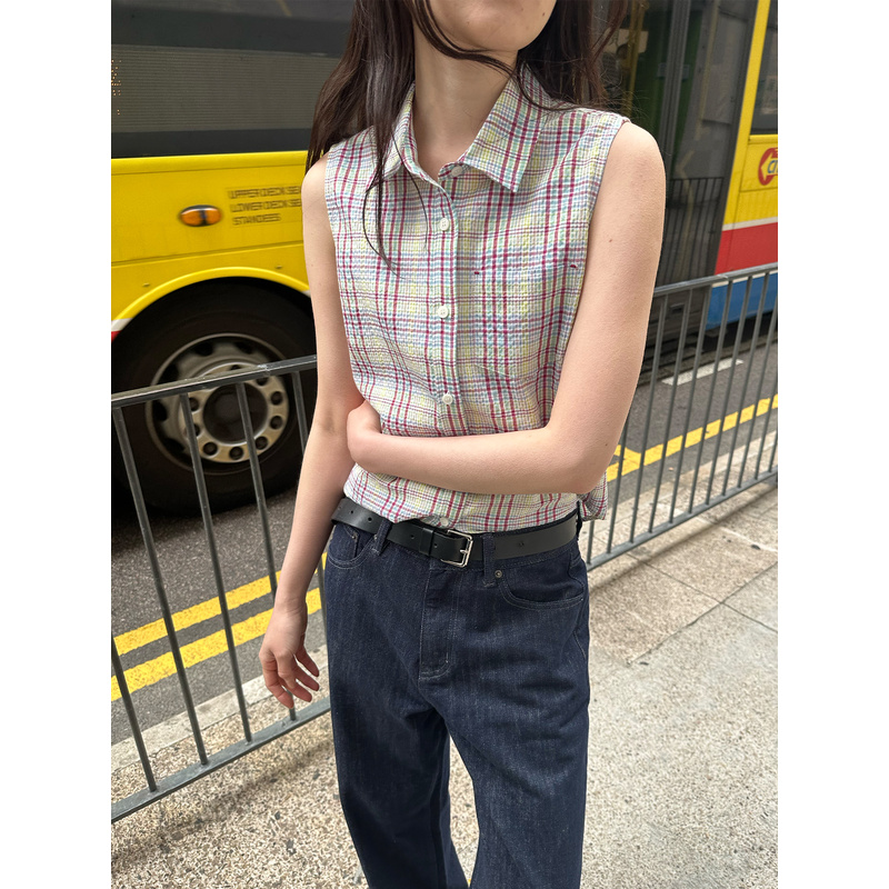 UNRETRO泡泡皱肌理感复古格纹无袖衬衫女小个子辣妹修身短款衬衣