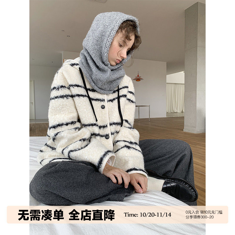 UNRETRO秋冬复古小个子条纹连帽圈圈呢羊羔毛开衫外套女中长款