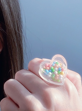 透明立体爱心大戒指可爱少女ins风小众设计感食指戒创意童趣指环