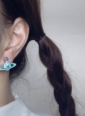 甜糖 西太后chic土星环雾霾蓝色锆石爆闪bling珐琅耳钉耳饰女