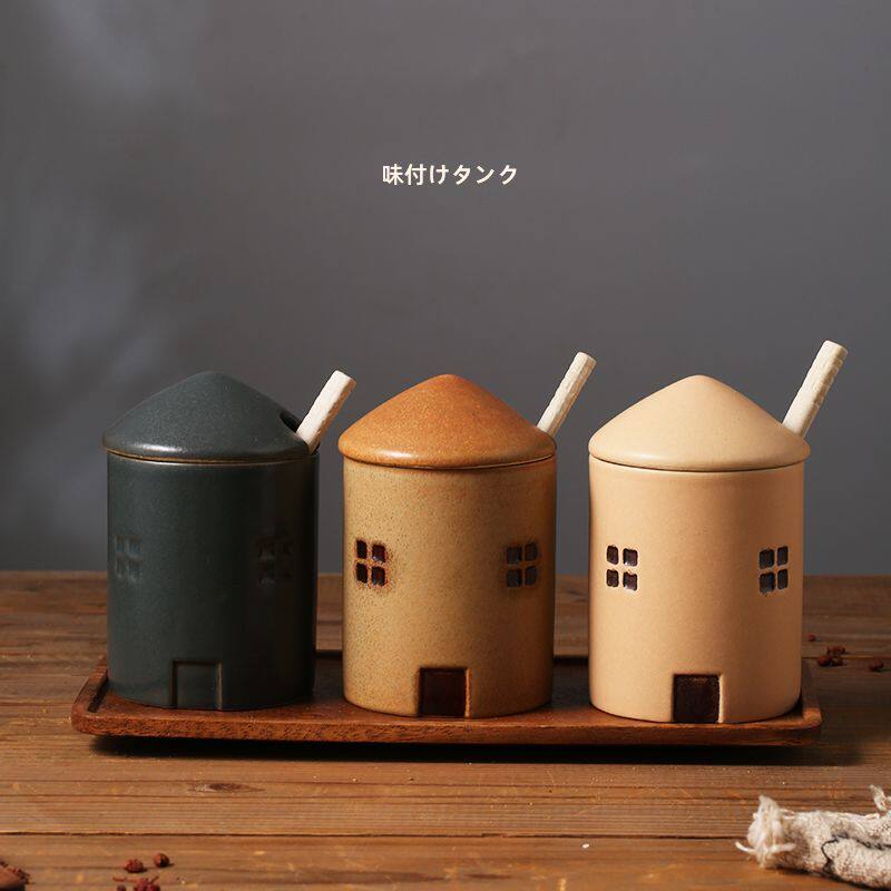 原创侘寂风格手作陶瓷调味罐套装厨房组合勺盖一体调味罐调味料瓶