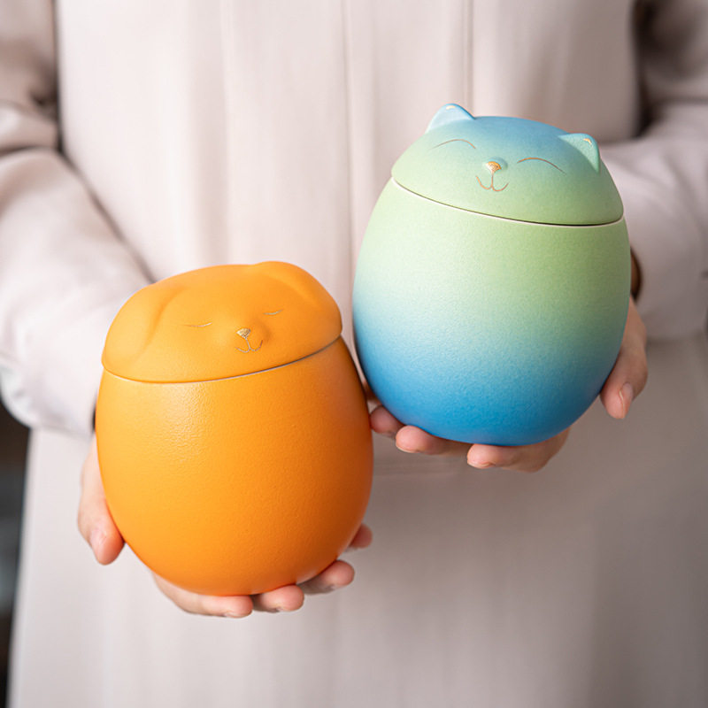 招财猫猫茶叶罐陶罐陶瓷储物罐子粗陶罐防潮密封粗创意个性小茶仓