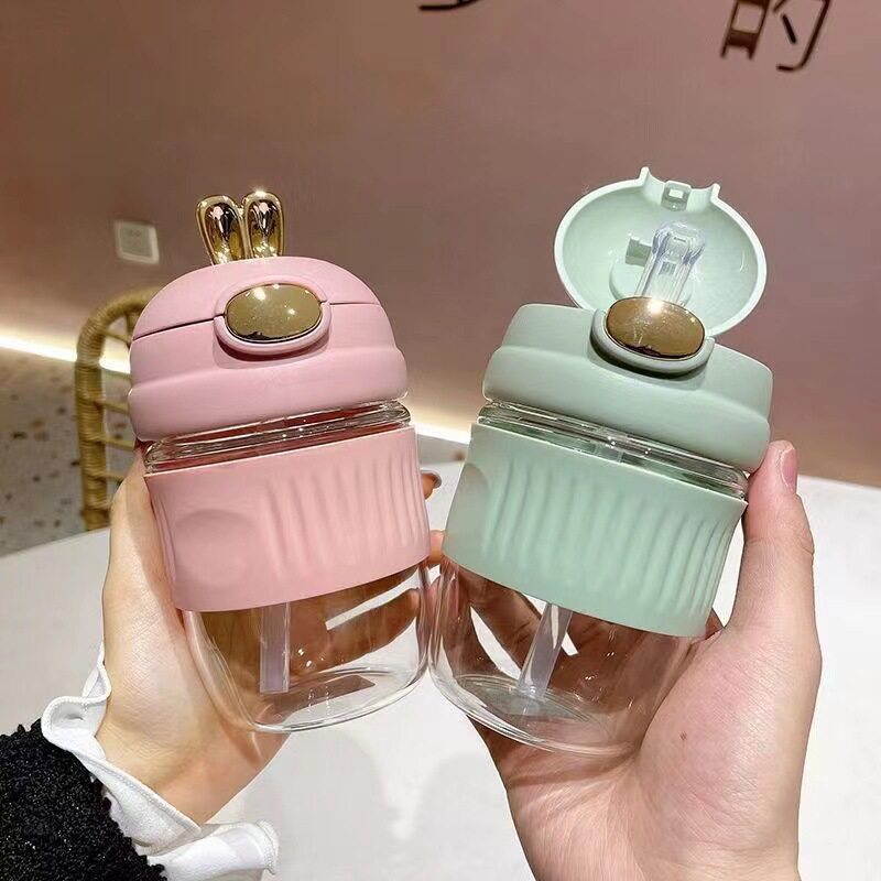 便携玻璃杯可爱卡通兔子水杯女高颜值大容量吸管杯新款萌兔办公室