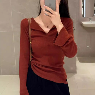 女百搭微喇叭袖 纯色V领长袖 显瘦毛衣针织衫 修身 上衣 打底衫