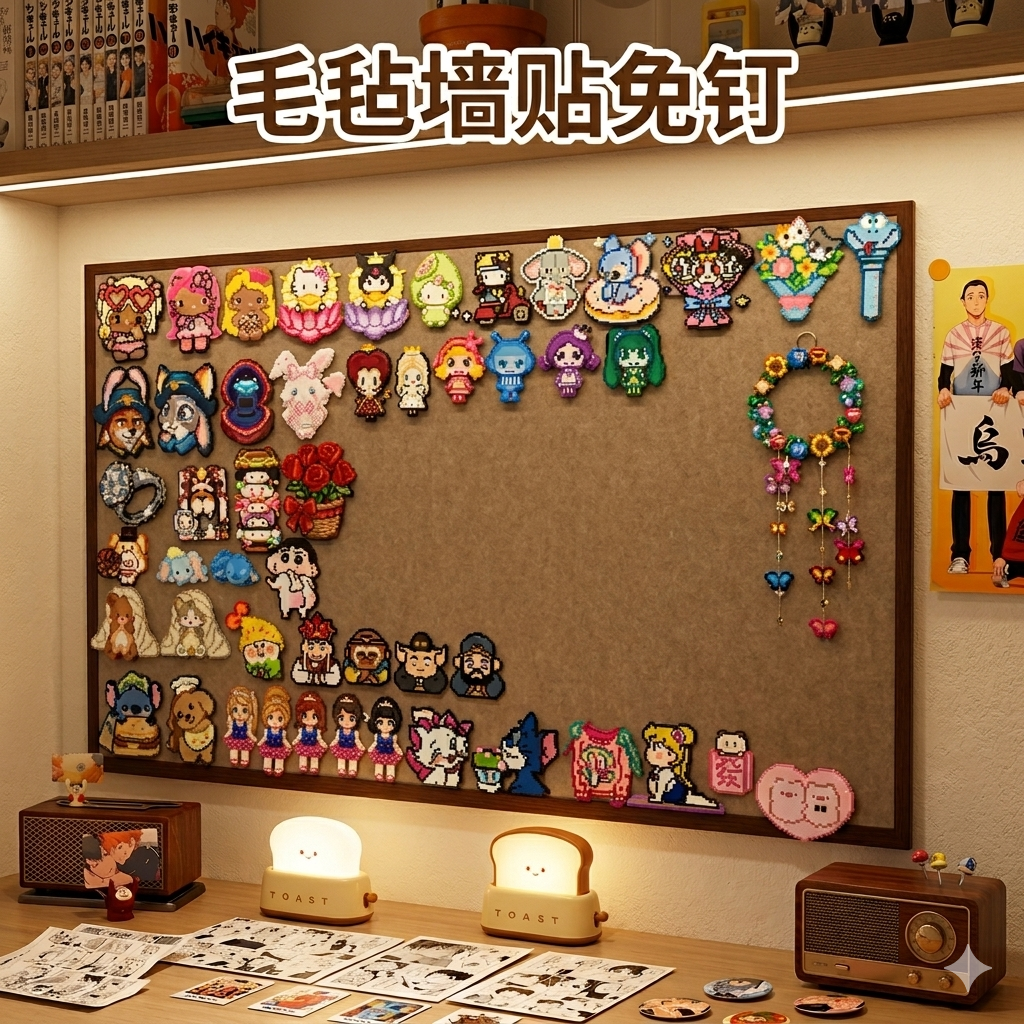 毛毡墙贴装饰照片墙板免打孔自粘不伤墙拼豆展示板收纳卧室宿舍