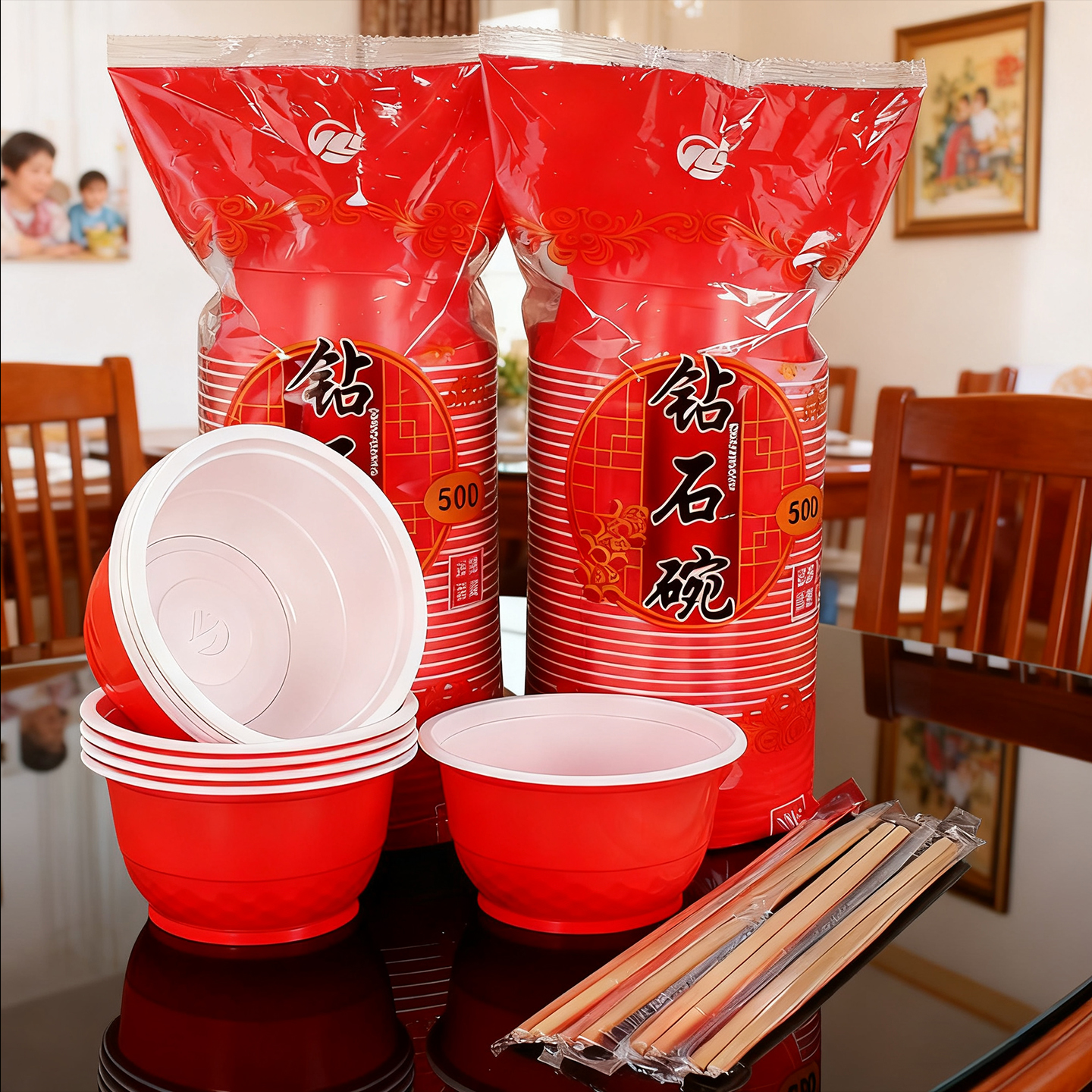 食品级PP塑料红色一次性碗筷套装