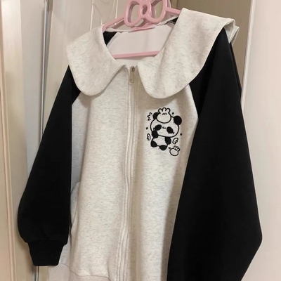 秋冬加绒加厚熊猫耳连帽拉链卫衣