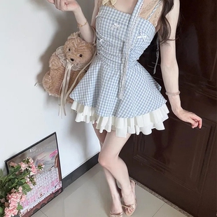 时尚套装无袖甜美风性感蝴蝶结吊带连衣裙女高腰显瘦格纹蓬蓬短裙
