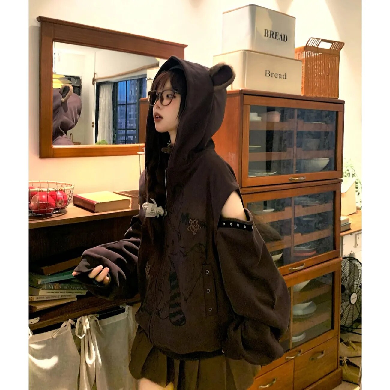 学院风复古拼接美式复古连帽卫衣