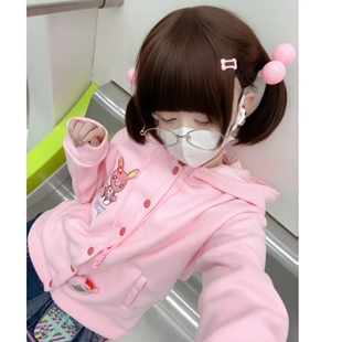甜美软萌妹日系粉色mp复刻女儿服兔耳连帽可爱纽扣学生开衫外套女