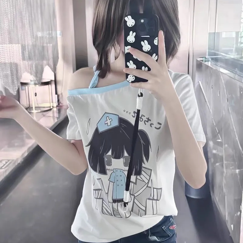 日系亚文化可爱宅系漏肩短袖T恤